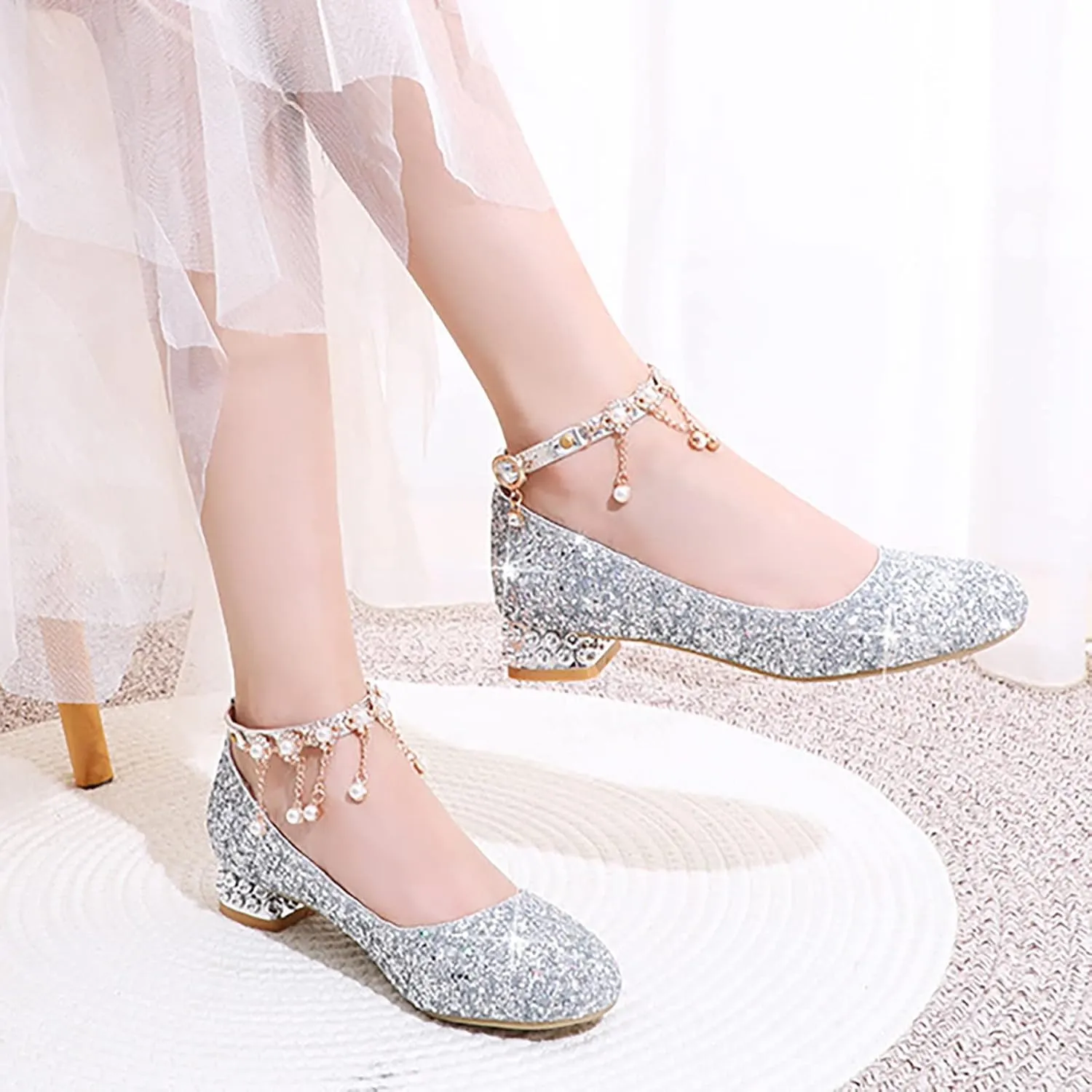 Baby Girls Mary Jane Dress Shoes Rhinestones Pearls Flower Little Girl Wedding Low Heels Toddler Kids Pump Shoes