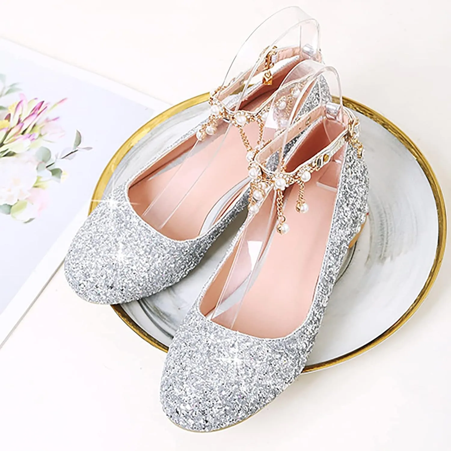 Baby Girls Mary Jane Dress Shoes Rhinestones Pearls Flower Little Girl Wedding Low Heels Toddler Kids Pump Shoes