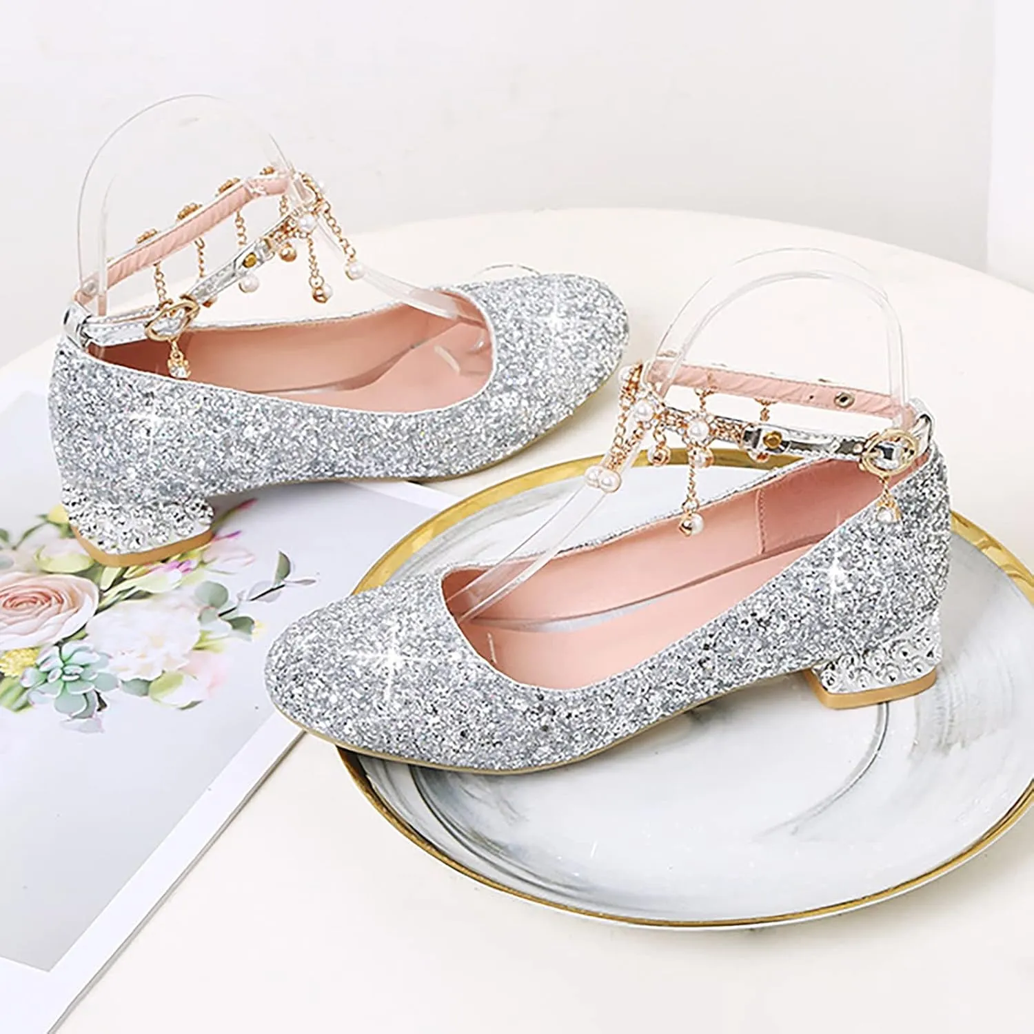 Baby Girls Mary Jane Dress Shoes Rhinestones Pearls Flower Little Girl Wedding Low Heels Toddler Kids Pump Shoes