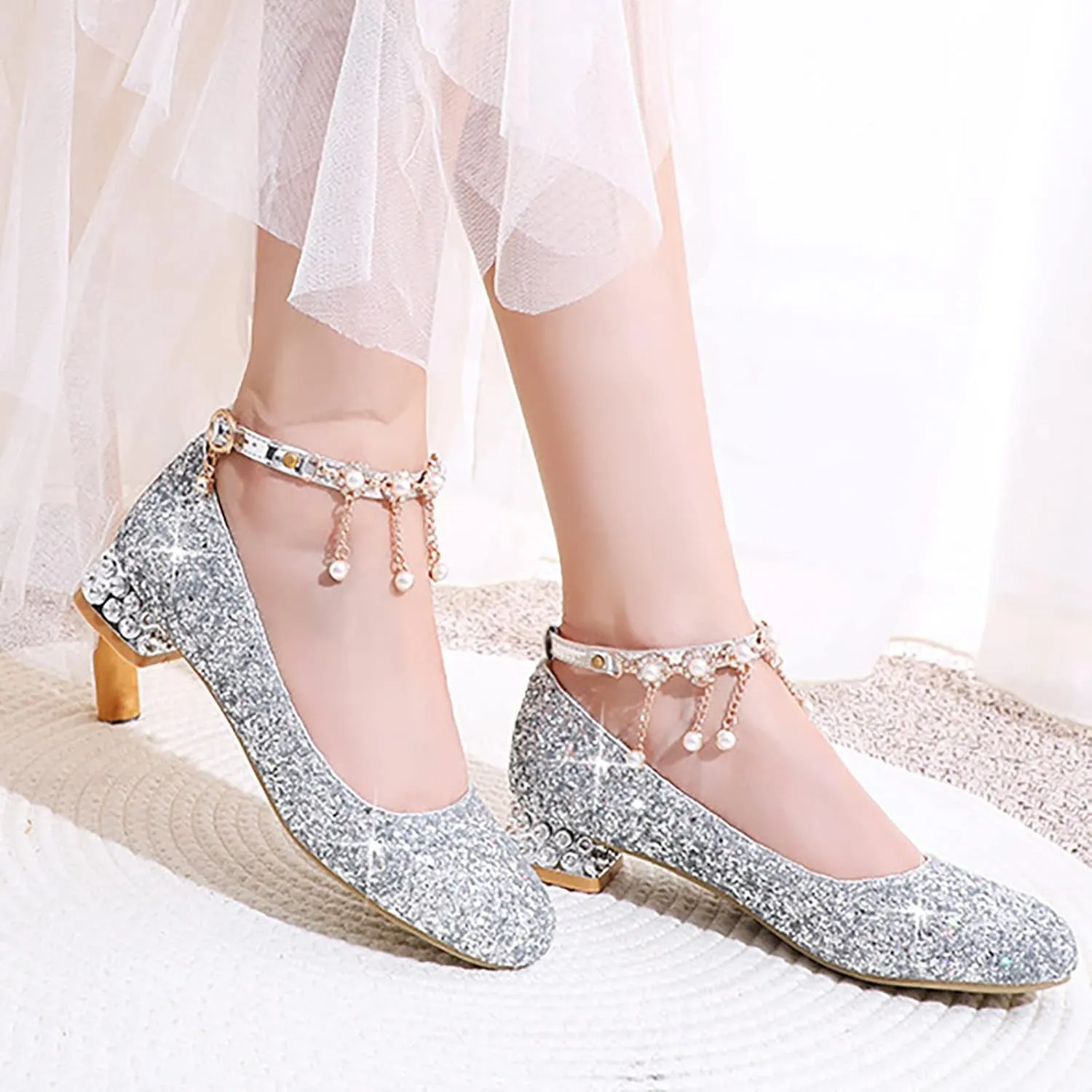 Baby Girls Mary Jane Dress Shoes Rhinestones Pearls Flower Little Girl Wedding Low Heels Toddler Kids Pump Shoes