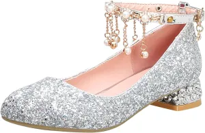 Baby Girls Mary Jane Dress Shoes Rhinestones Pearls Flower Little Girl Wedding Low Heels Toddler Kids Pump Shoes