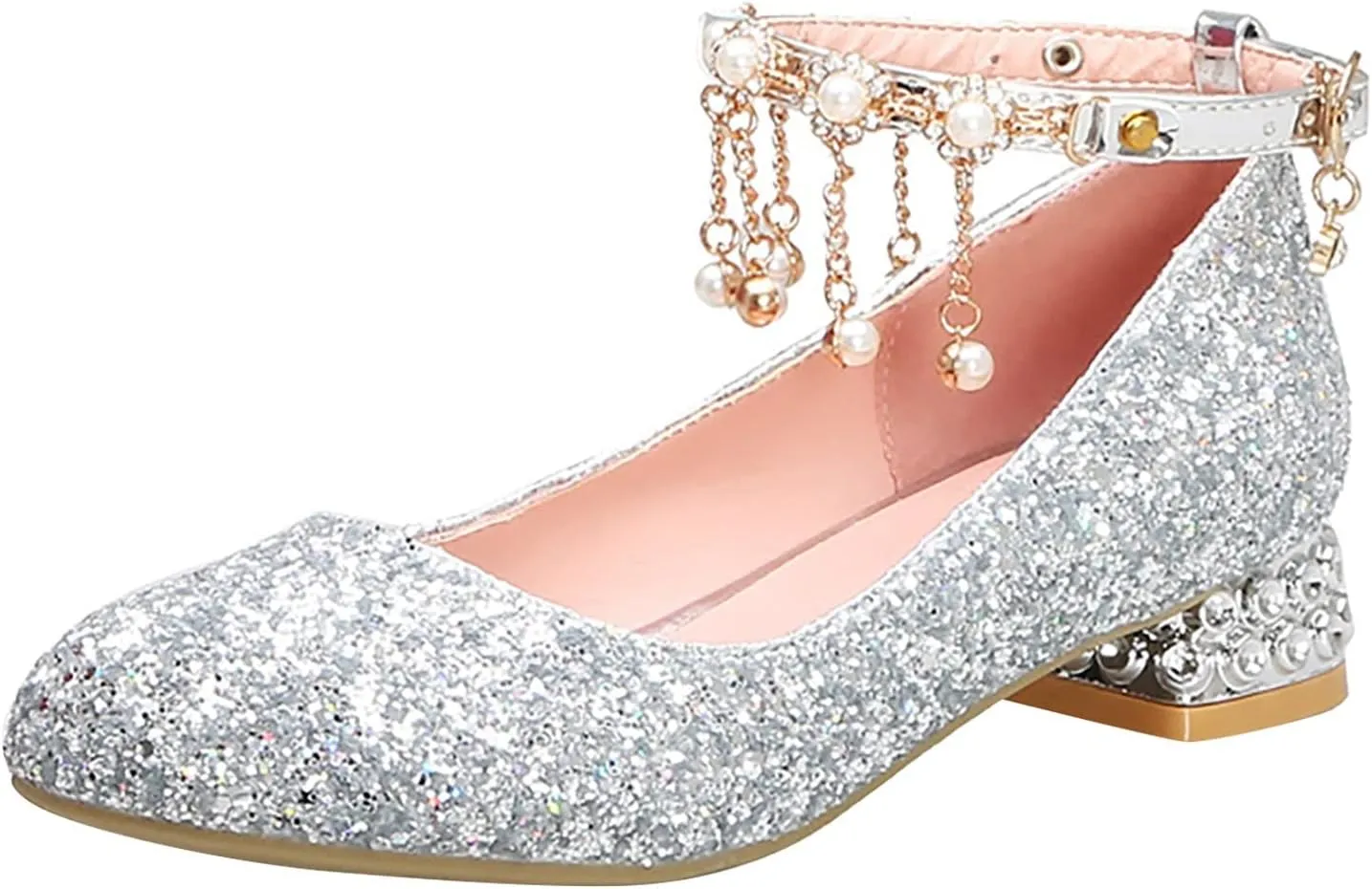 Baby Girls Mary Jane Dress Shoes Rhinestones Pearls Flower Little Girl Wedding Low Heels Toddler Kids Pump Shoes
