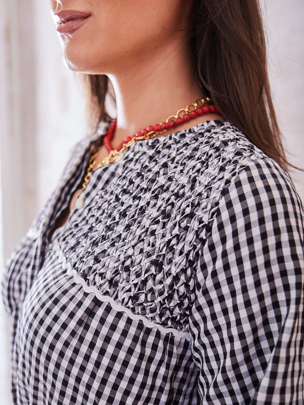 'BEACH TO BAR' BLOUSE IN BLACK GINGHAM