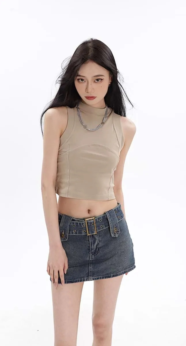 Belted Denim Micro-Mini Skirt