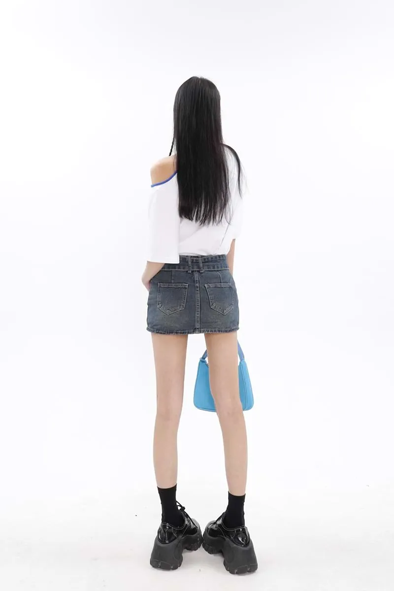 Belted Denim Micro-Mini Skirt