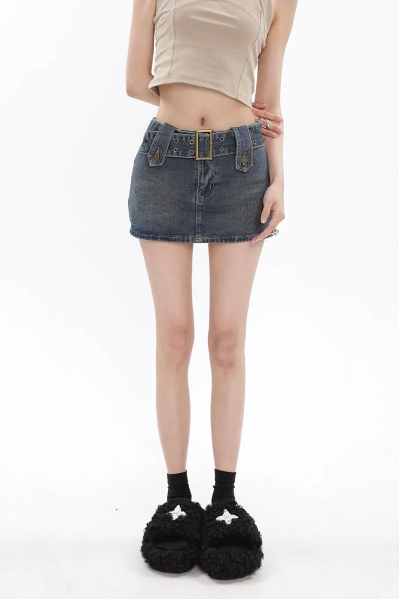 Belted Denim Micro-Mini Skirt