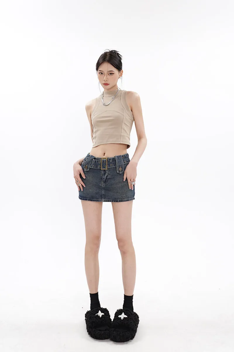 Belted Denim Micro-Mini Skirt