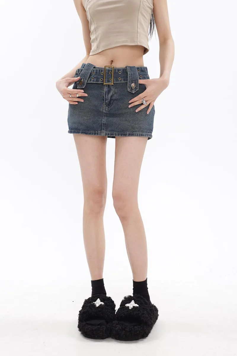 Belted Denim Micro-Mini Skirt