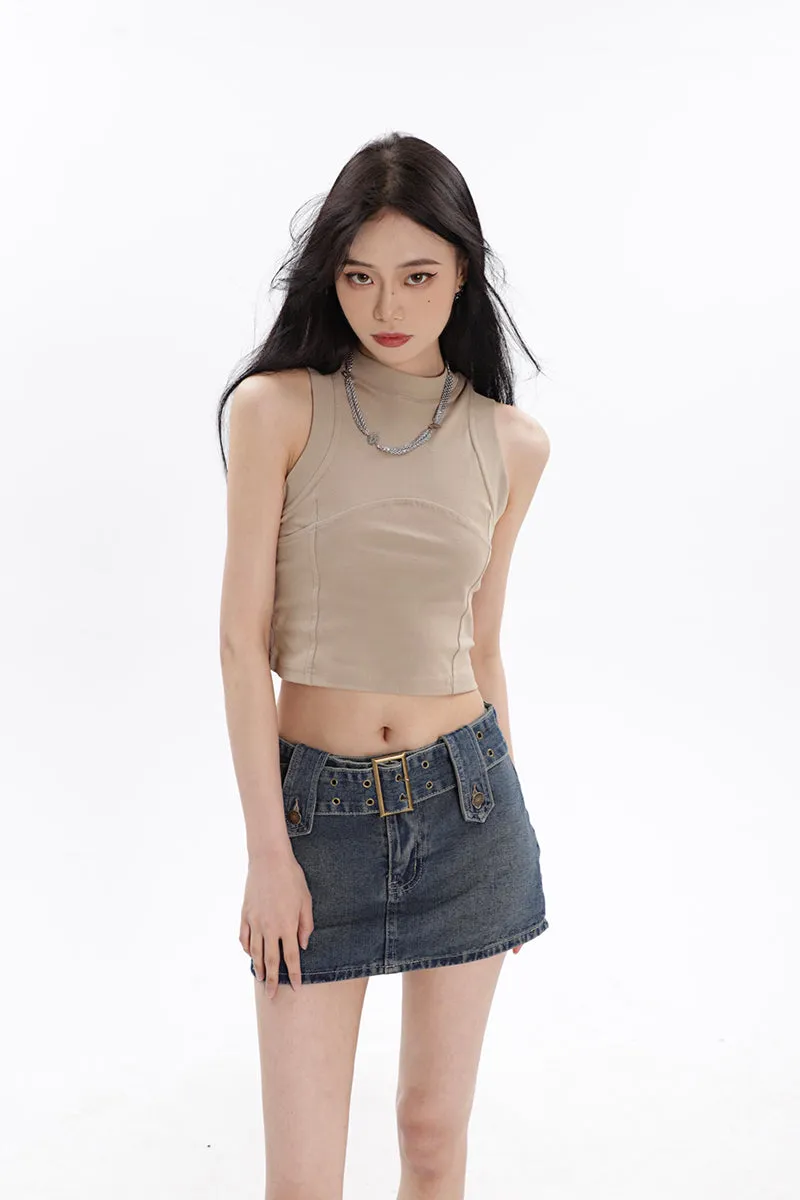 Belted Denim Micro-Mini Skirt