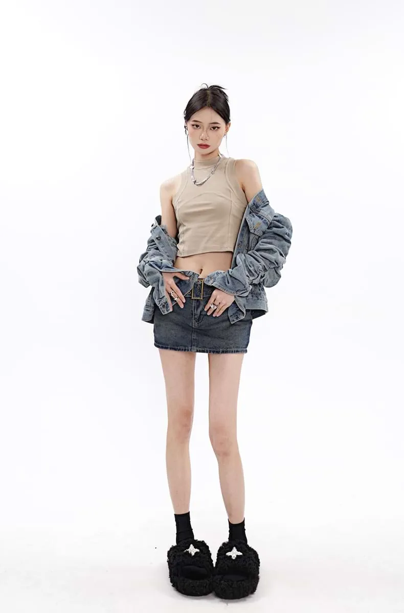 Belted Denim Micro-Mini Skirt
