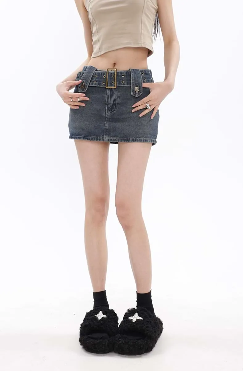 Belted Denim Micro-Mini Skirt
