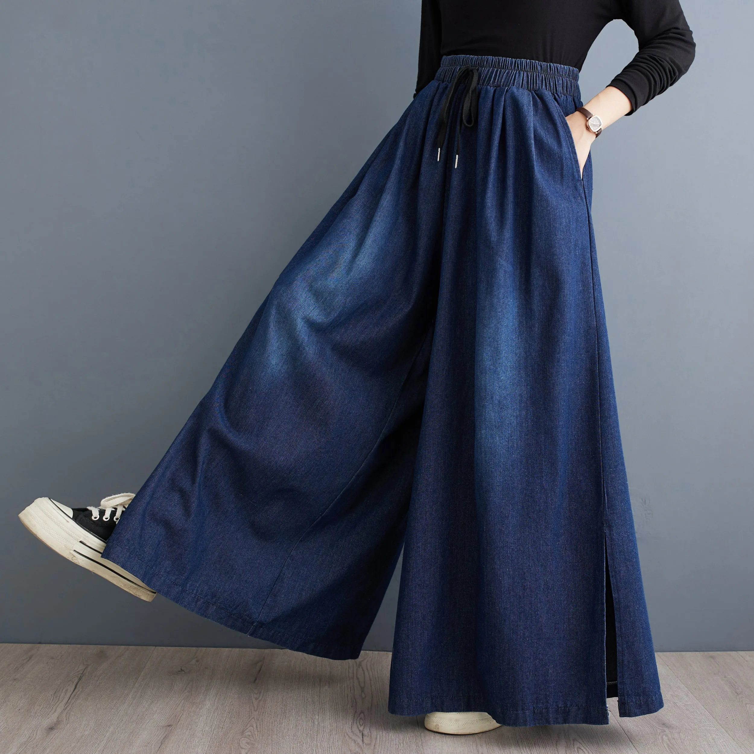 BK-Drawstring Trendy Side Slit Wide Leg Pants