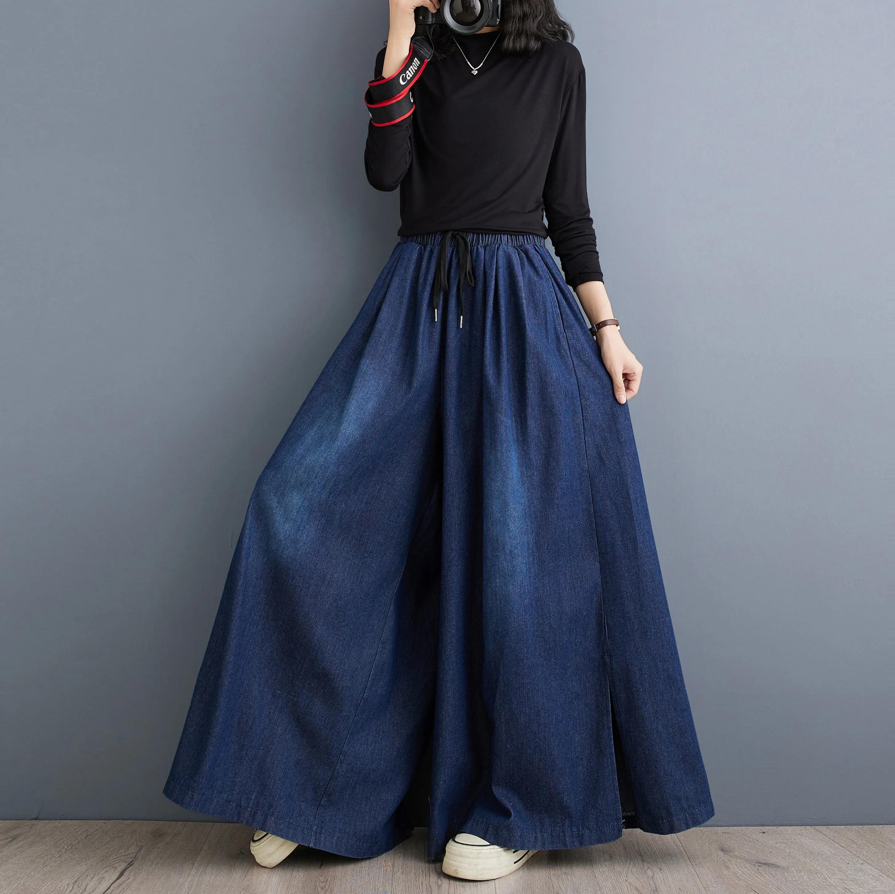 BK-Drawstring Trendy Side Slit Wide Leg Pants