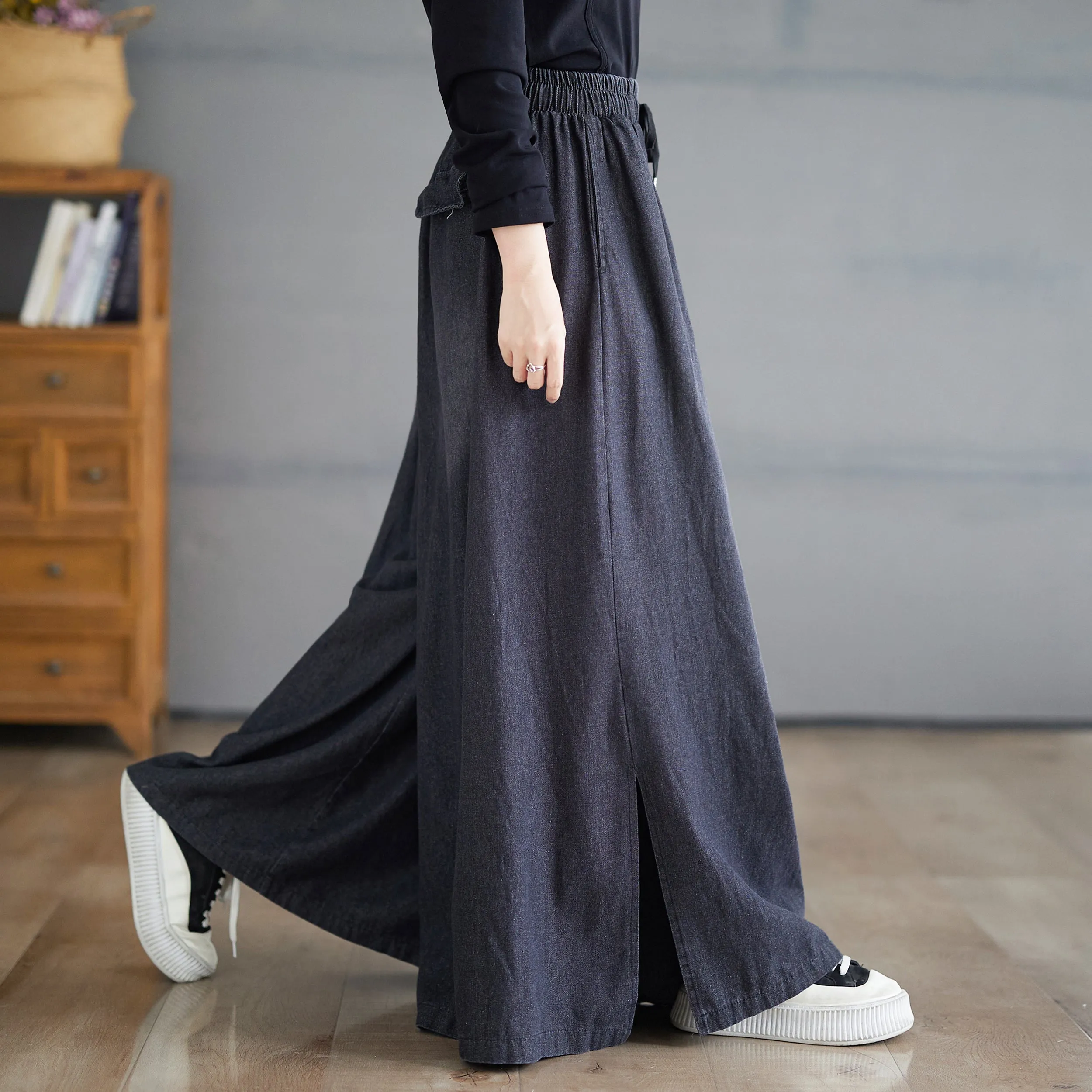 BK-Drawstring Trendy Side Slit Wide Leg Pants