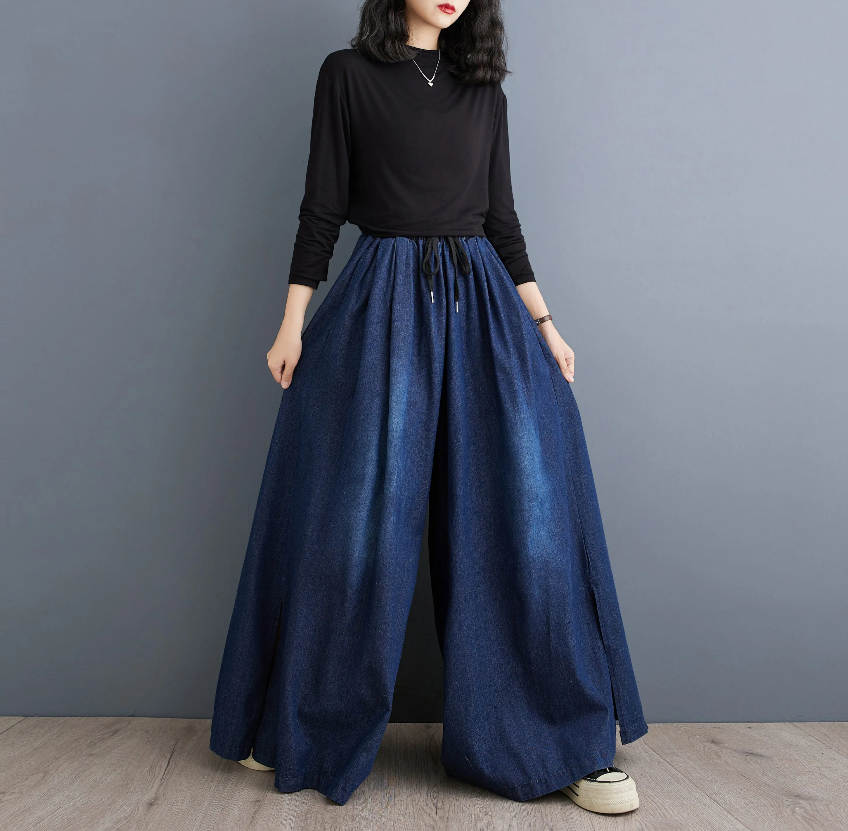 BK-Drawstring Trendy Side Slit Wide Leg Pants
