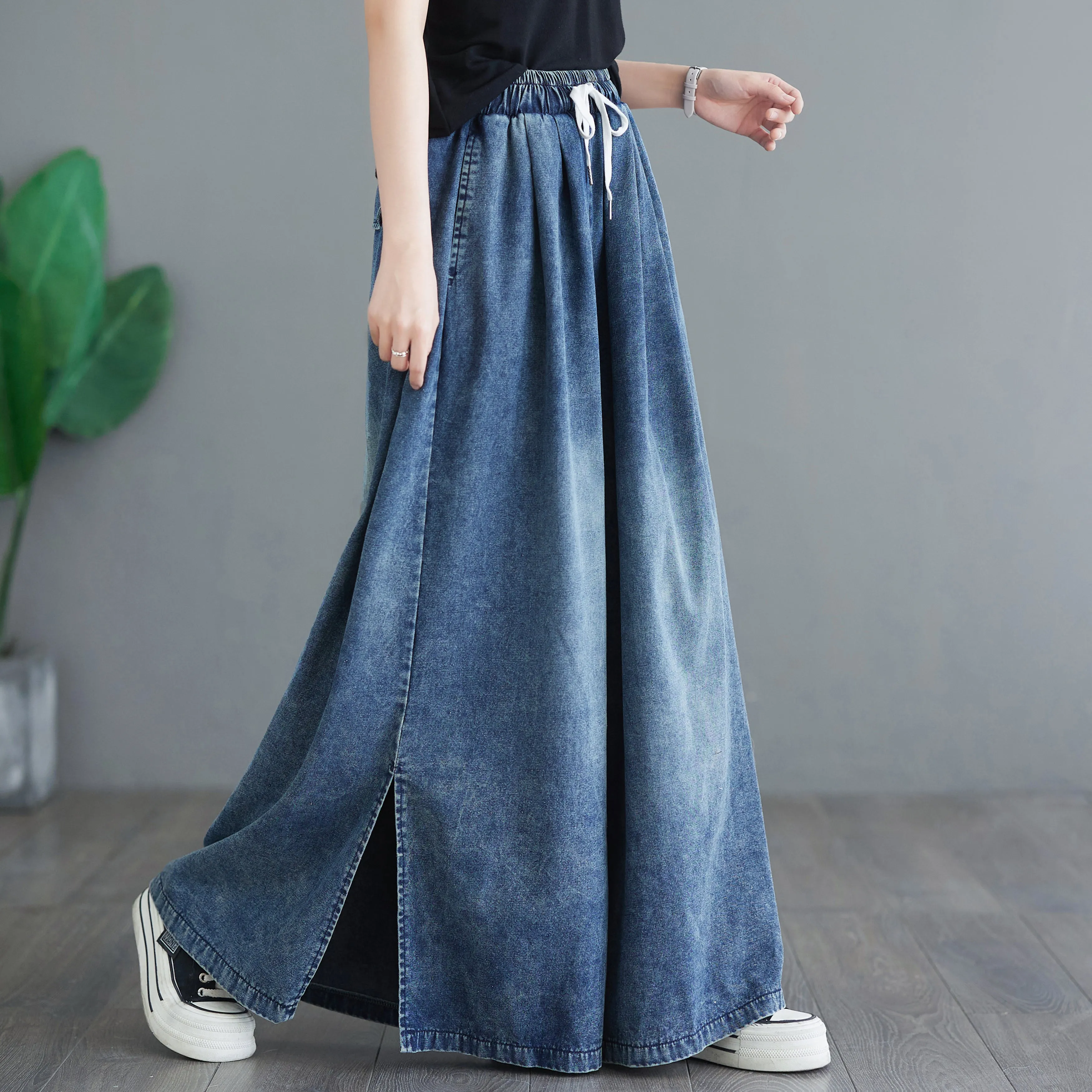 BK-Drawstring Trendy Side Slit Wide Leg Pants