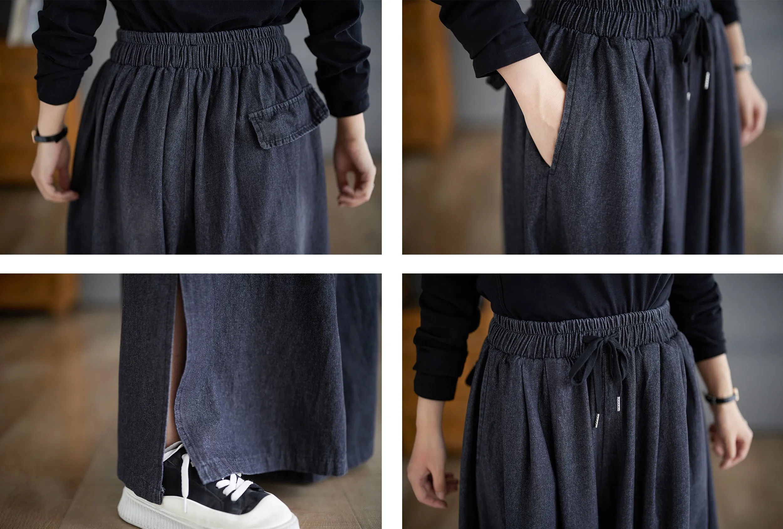 BK-Drawstring Trendy Side Slit Wide Leg Pants