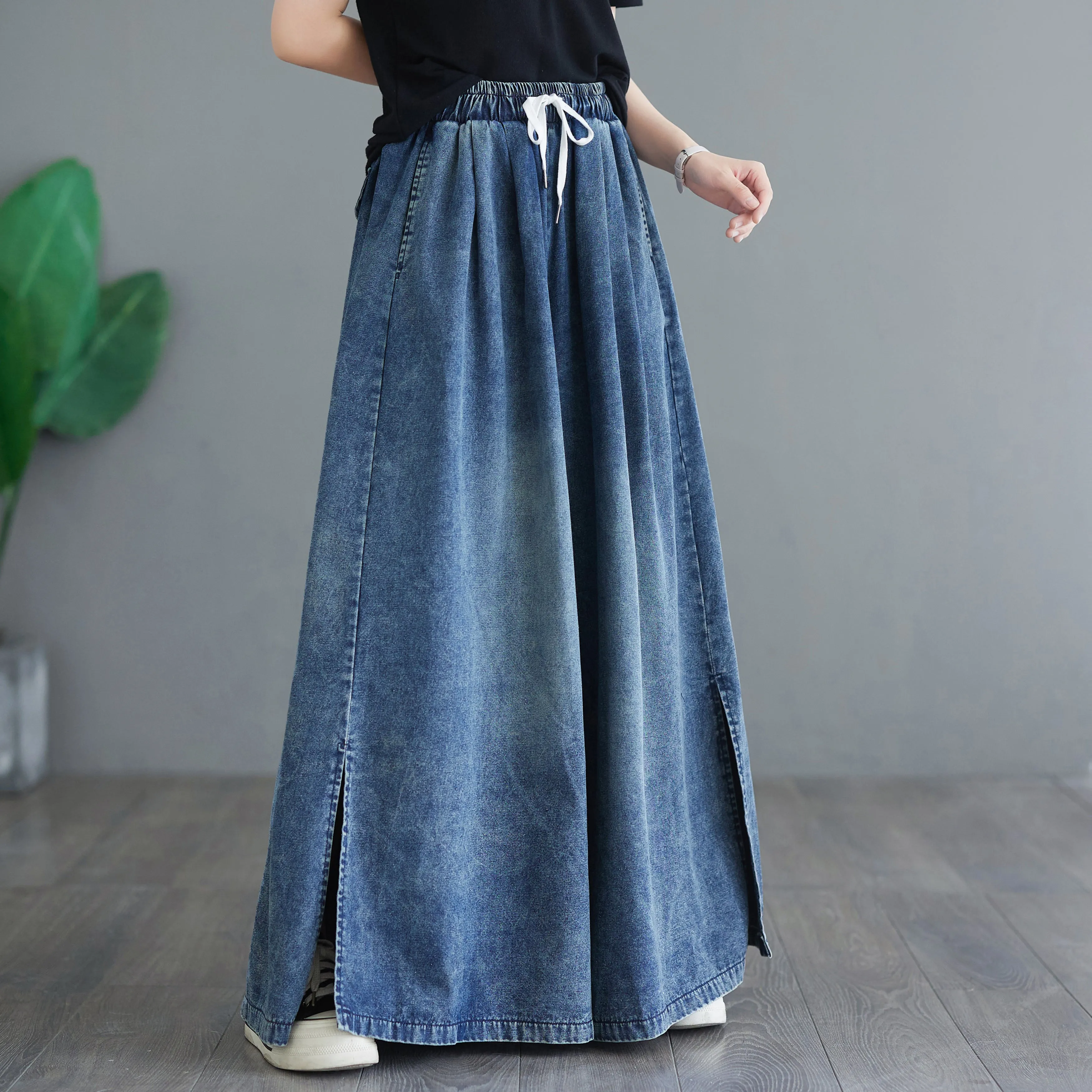 BK-Drawstring Trendy Side Slit Wide Leg Pants