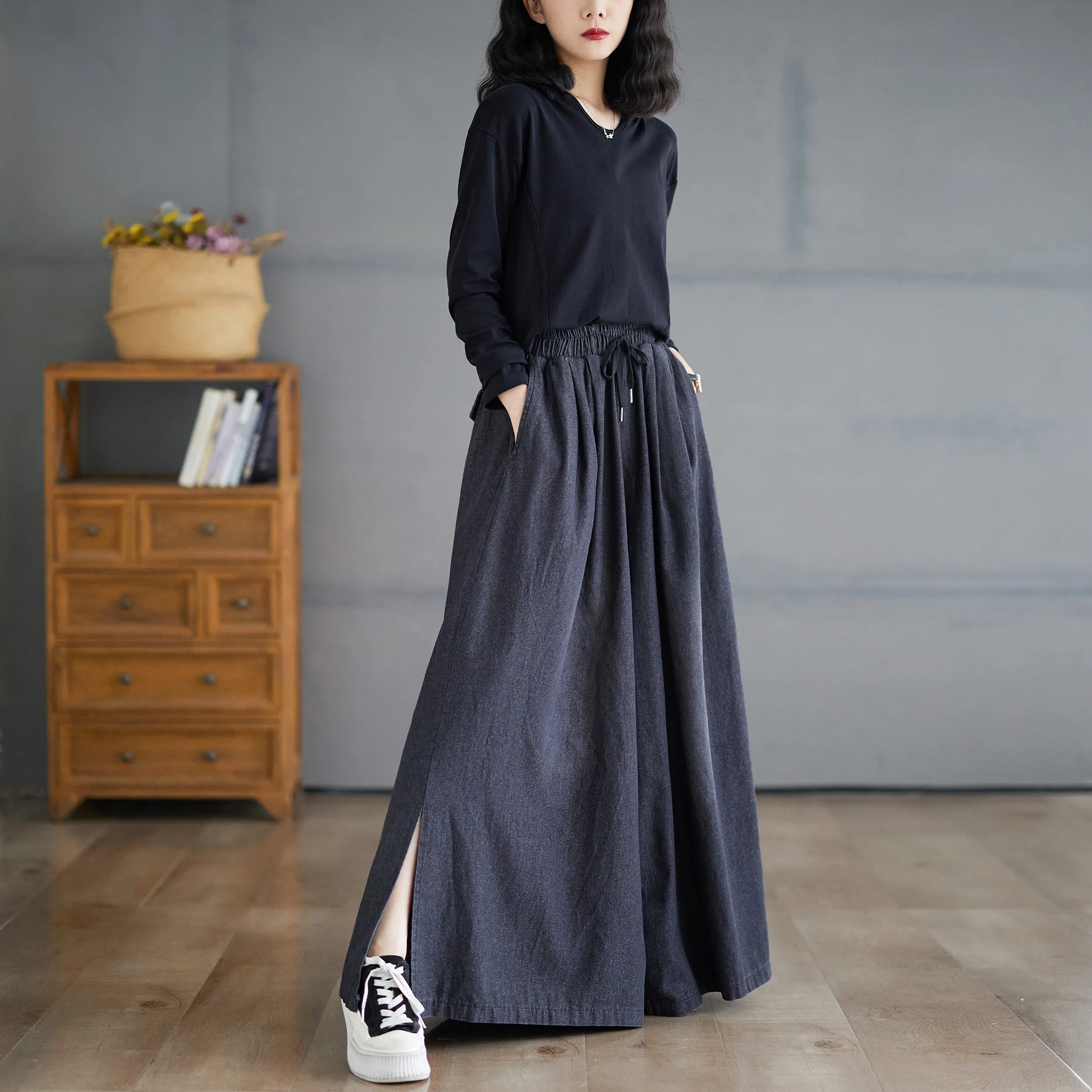 BK-Drawstring Trendy Side Slit Wide Leg Pants