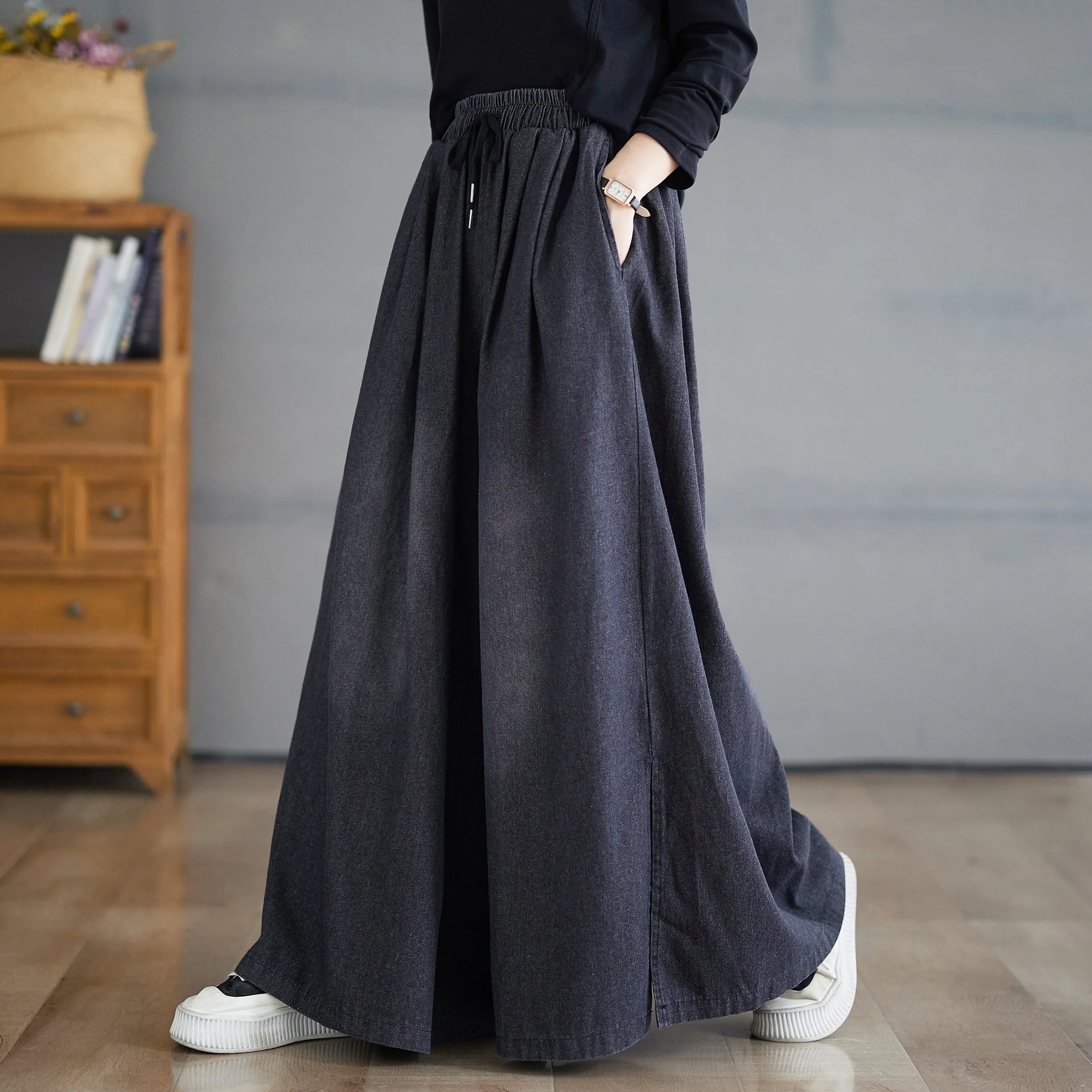 BK-Drawstring Trendy Side Slit Wide Leg Pants