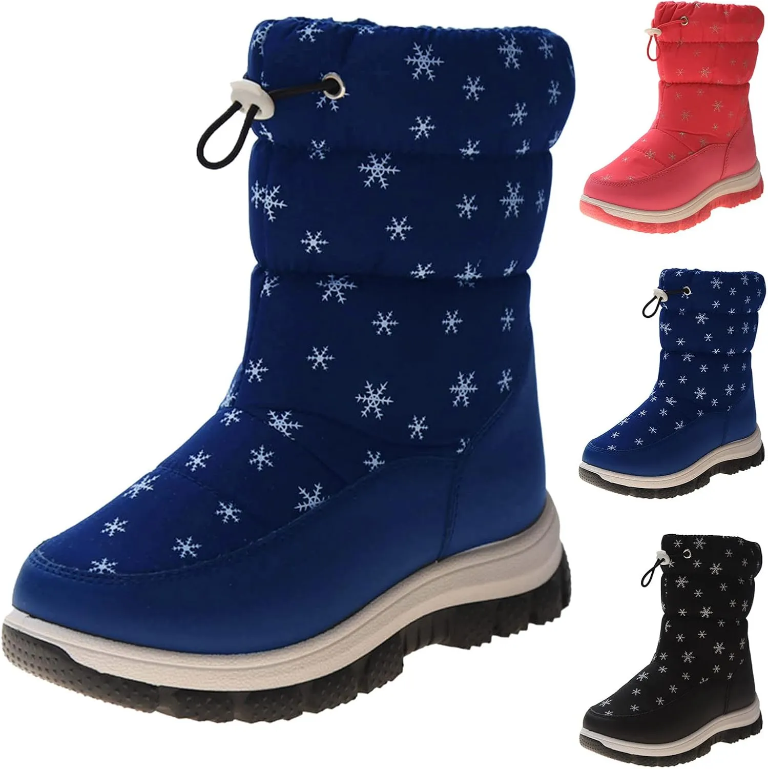 Boys Girls Snowflake Print Snow Boots Kids Winter Thick Soles Non Slip Mid Calf Boots Toddler Water Proof Ski Shoes