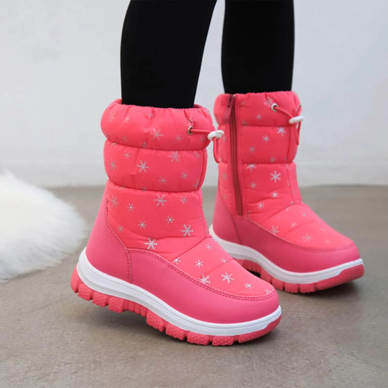 Boys Girls Snowflake Print Snow Boots Kids Winter Thick Soles Non Slip Mid Calf Boots Toddler Water Proof Ski Shoes
