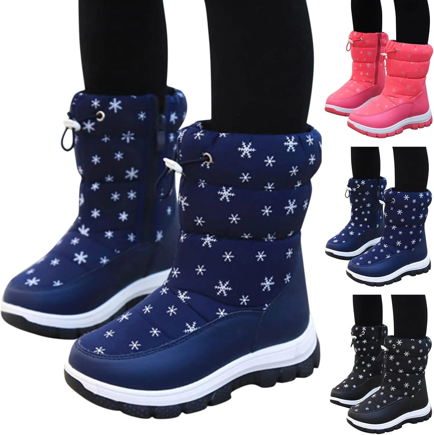 Boys Girls Snowflake Print Snow Boots Kids Winter Thick Soles Non Slip Mid Calf Boots Toddler Water Proof Ski Shoes