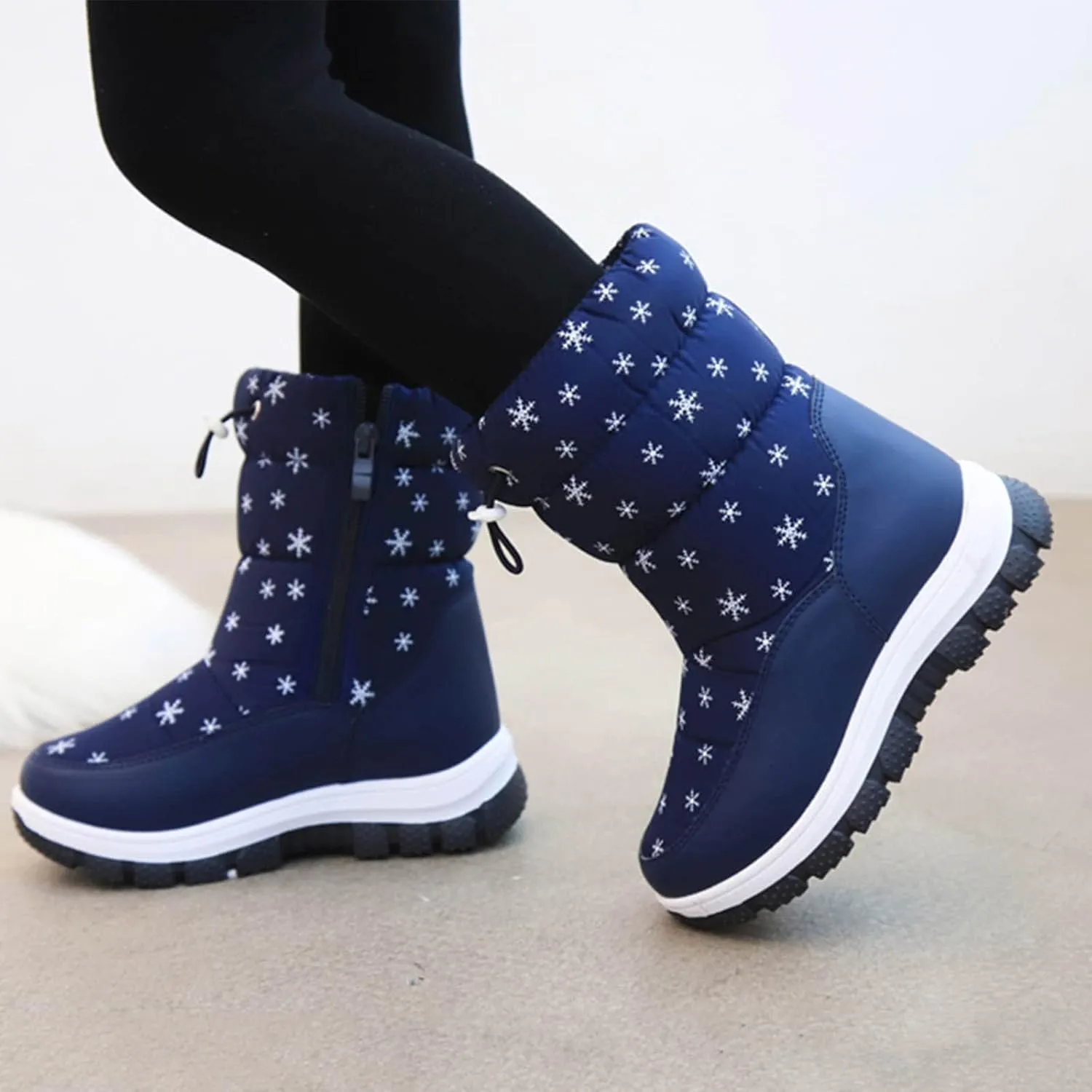Boys Girls Snowflake Print Snow Boots Kids Winter Thick Soles Non Slip Mid Calf Boots Toddler Water Proof Ski Shoes