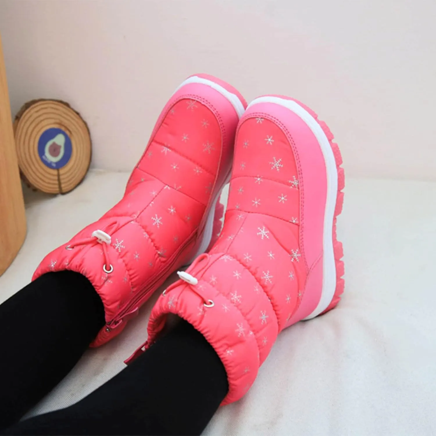 Boys Girls Snowflake Print Snow Boots Kids Winter Thick Soles Non Slip Mid Calf Boots Toddler Water Proof Ski Shoes