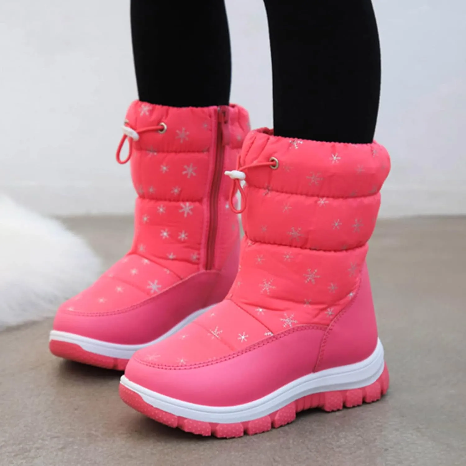 Boys Girls Snowflake Print Snow Boots Kids Winter Thick Soles Non Slip Mid Calf Boots Toddler Water Proof Ski Shoes