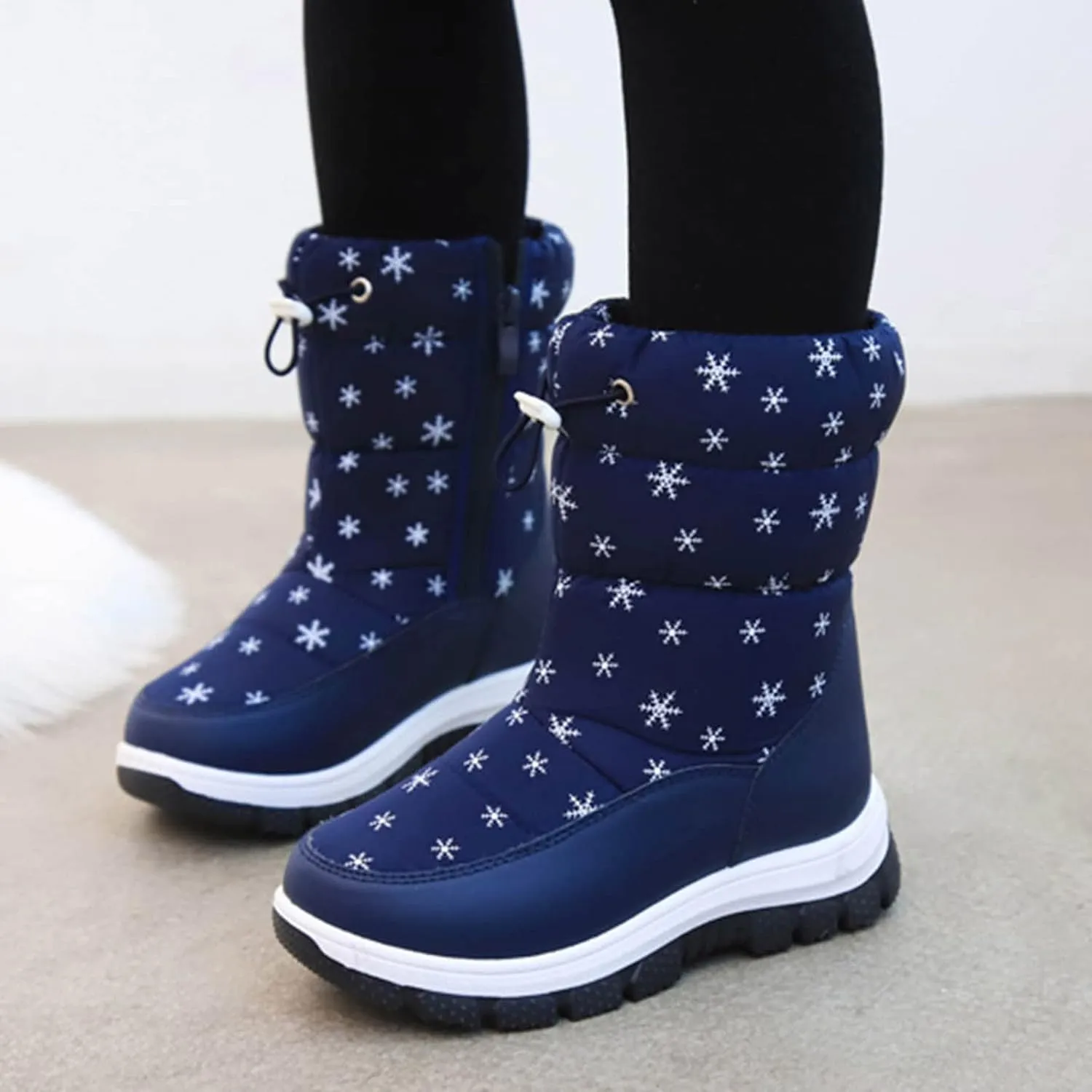 Boys Girls Snowflake Print Snow Boots Kids Winter Thick Soles Non Slip Mid Calf Boots Toddler Water Proof Ski Shoes