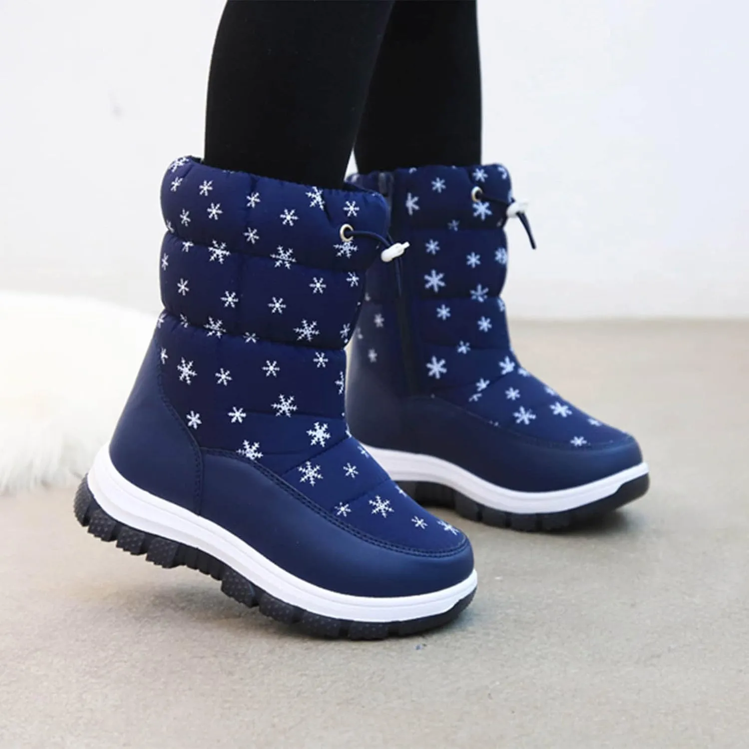 Boys Girls Snowflake Print Snow Boots Kids Winter Thick Soles Non Slip Mid Calf Boots Toddler Water Proof Ski Shoes