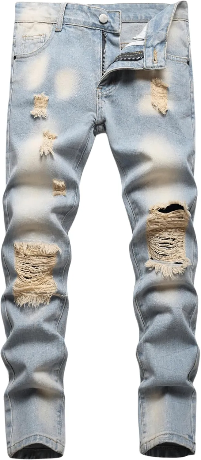 Boy's Skinny Fit Ripped Destroyed Distressed Fashion Denim Jeans Pants