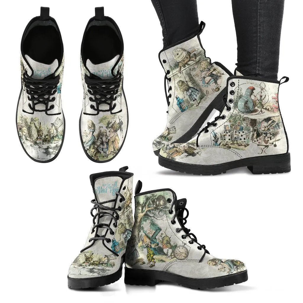 Combat Boots - Alice in Wonderland Gifts #101 Vintage Series, Birthday Gifts, Gift Idea, Women's Boots, Lace Up Boots, Custom Shoes