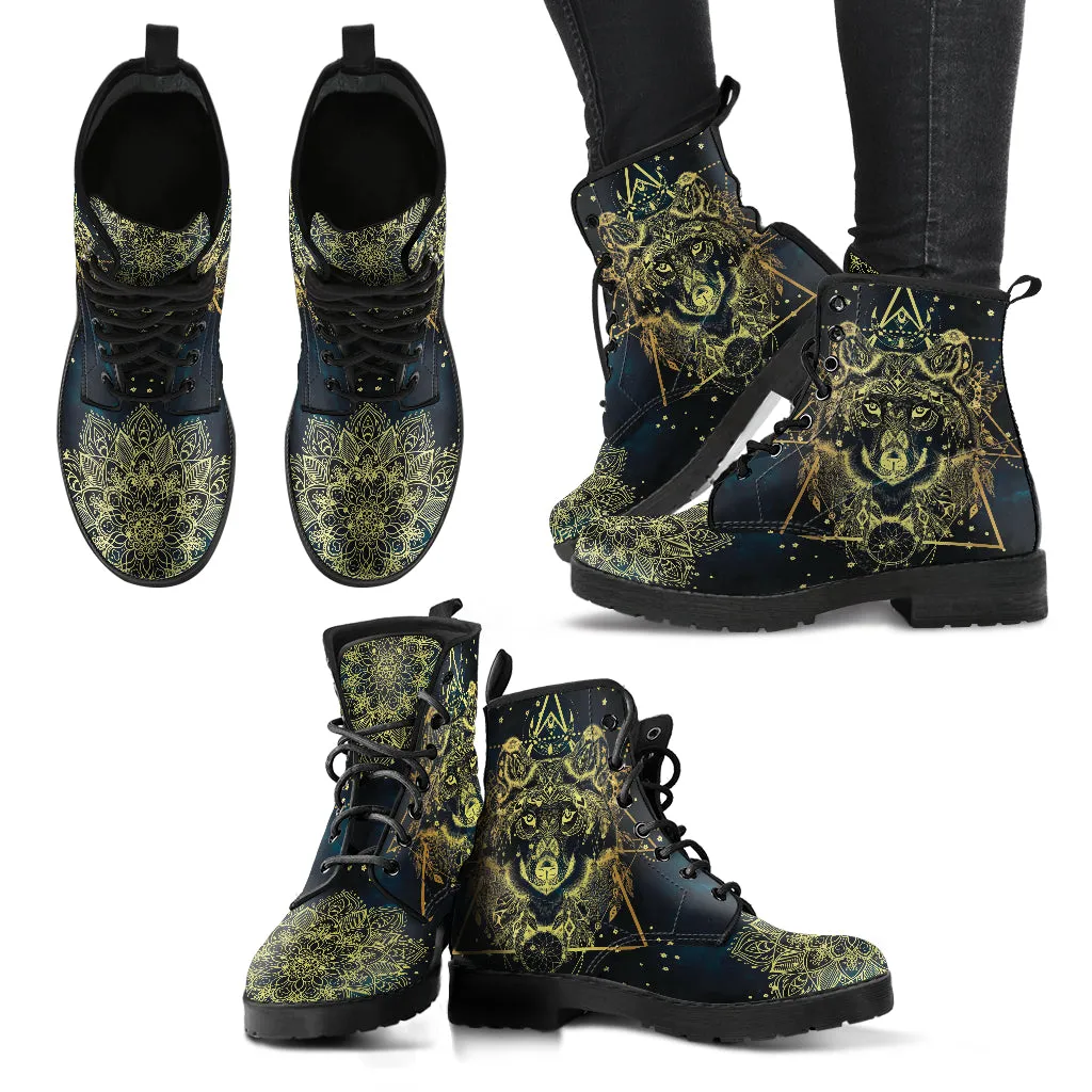 Combat Boots for Women - Boho Wolf Mandala, Aesthetic Custom Shoes, 90s Boots