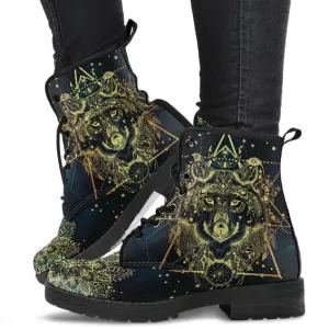 Combat Boots for Women - Boho Wolf Mandala, Aesthetic Custom Shoes, 90s Boots
