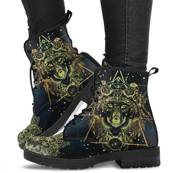 Combat Boots for Women - Boho Wolf Mandala, Aesthetic Custom Shoes, 90s Boots