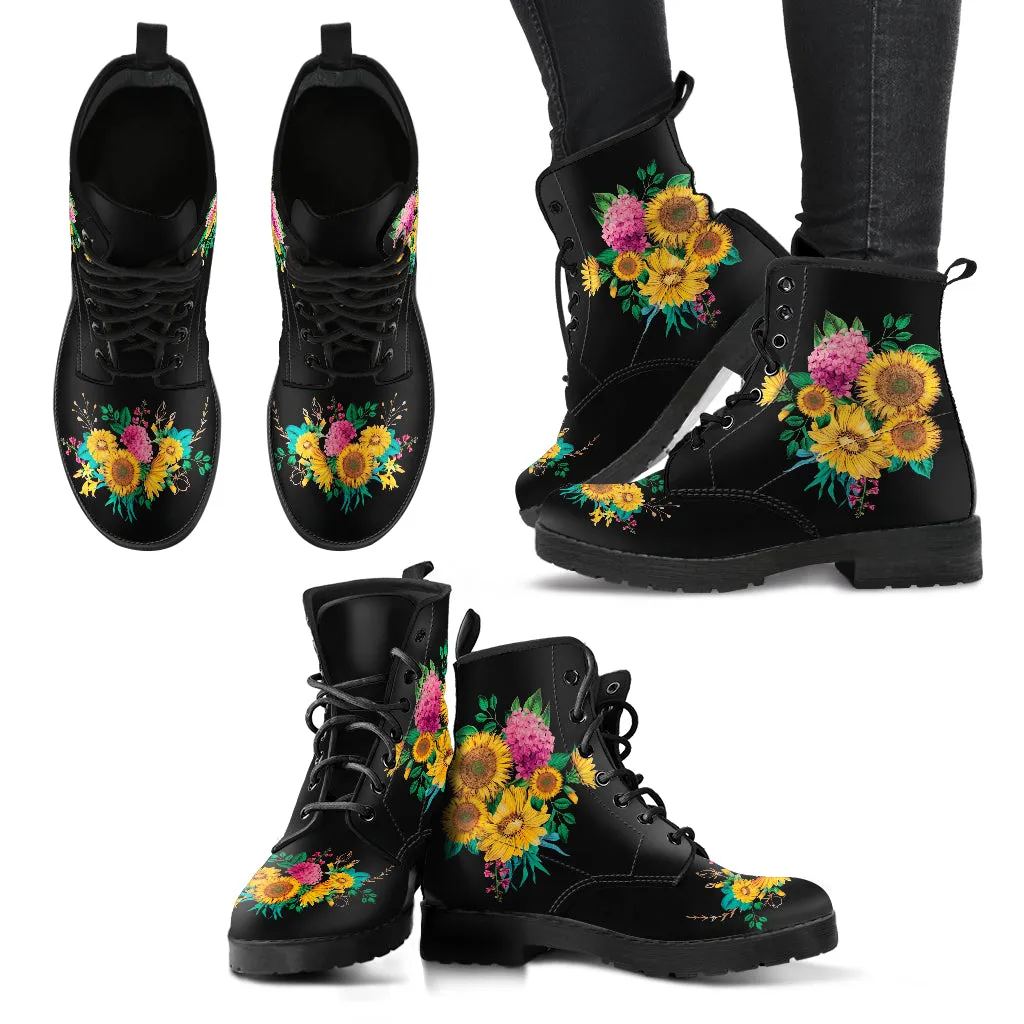 Combat Boots - Sunflowers #11 | Women's Black Boots, Handmade Lace Up Boots, Women's Boots, Custom Shoes, Vegan Leather, Sunflower Shoes