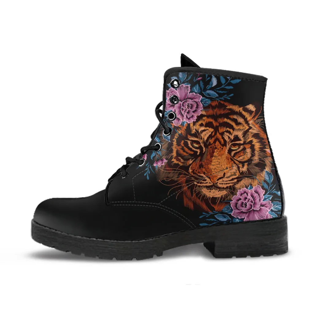 Combat Boots - Tiger & Flowers #1 | Women's Black Hipster Boots, Vegan Leather Lace Up Boots, Handmade Lace Up Boots, Women's Boots