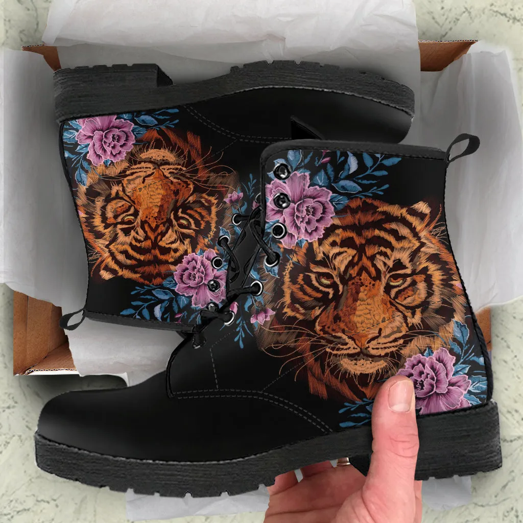 Combat Boots - Tiger & Flowers #1 | Women's Black Hipster Boots, Vegan Leather Lace Up Boots, Handmade Lace Up Boots, Women's Boots