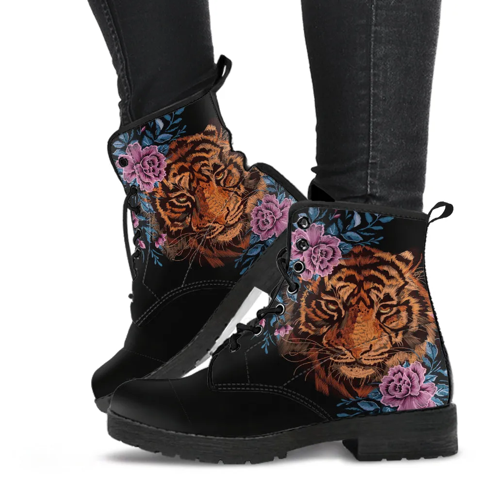Combat Boots - Tiger & Flowers #1 | Women's Black Hipster Boots, Vegan Leather Lace Up Boots, Handmade Lace Up Boots, Women's Boots