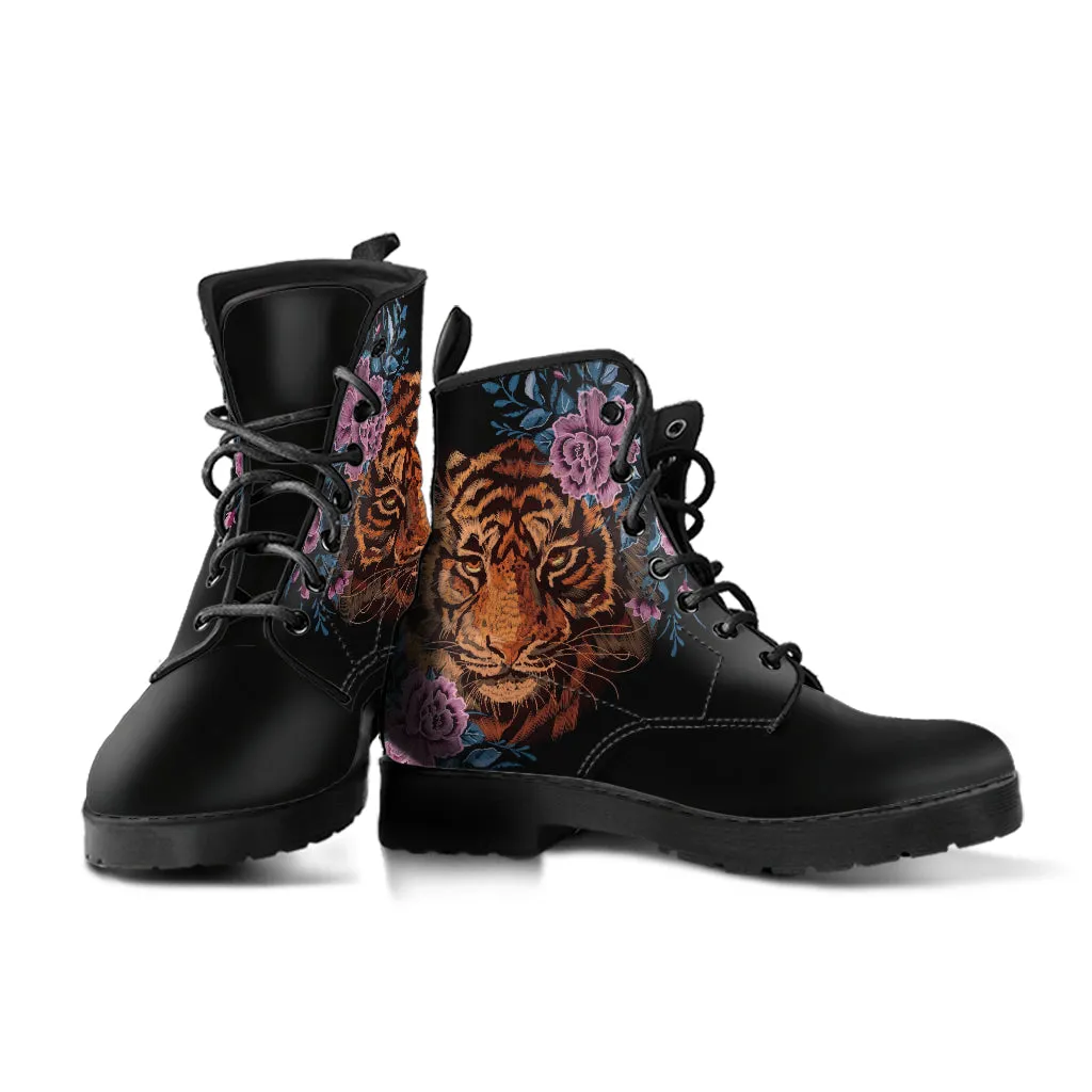 Combat Boots - Tiger & Flowers #1 | Women's Black Hipster Boots, Vegan Leather Lace Up Boots, Handmade Lace Up Boots, Women's Boots