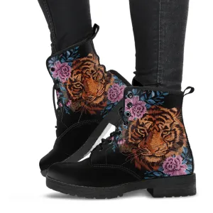 Combat Boots - Tiger & Flowers #1 | Women's Black Hipster Boots, Vegan Leather Lace Up Boots, Handmade Lace Up Boots, Women's Boots