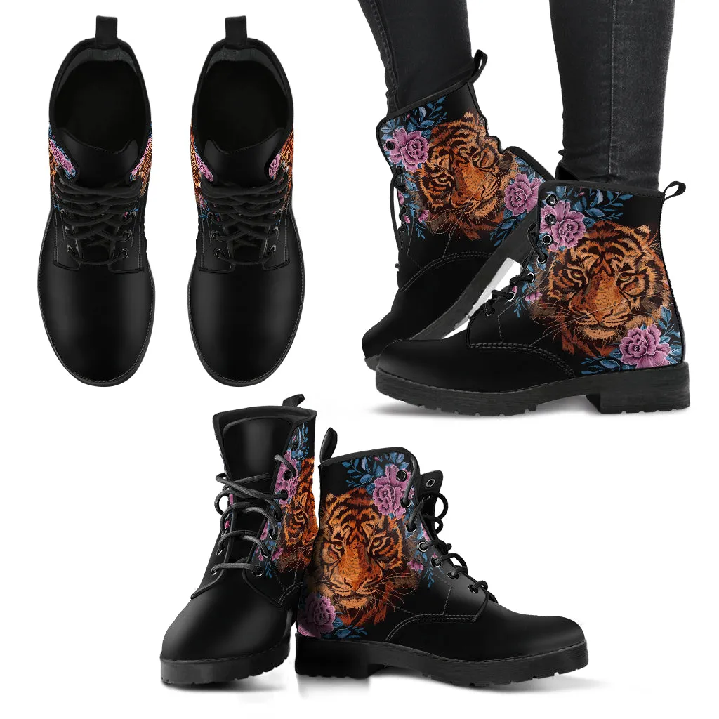 Combat Boots - Tiger & Flowers #1 | Women's Black Hipster Boots, Vegan Leather Lace Up Boots, Handmade Lace Up Boots, Women's Boots