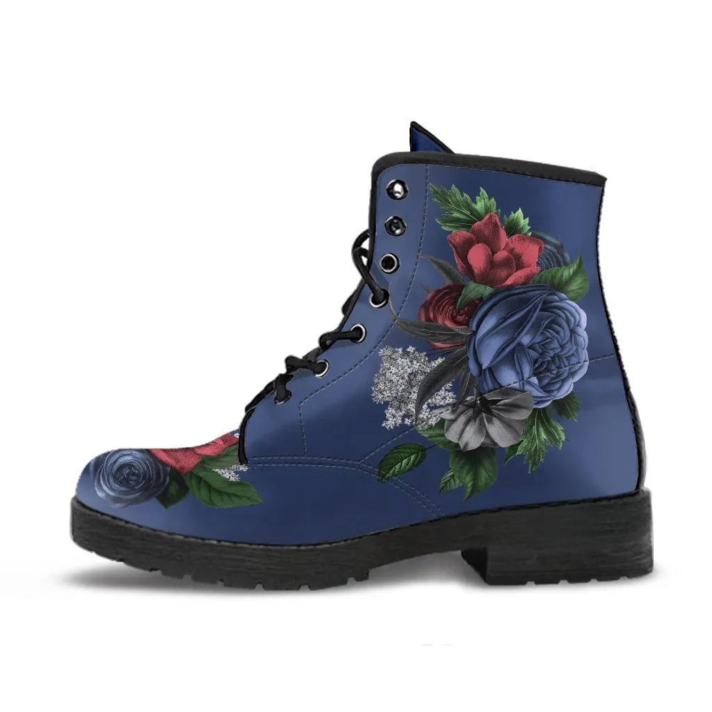 Combat Boots - Vintage Flowers in Dark Blue | Custom Shoes, Vegan Leather Lace Up Boots Women, Handmade Lace Up Boots, Women's Boots