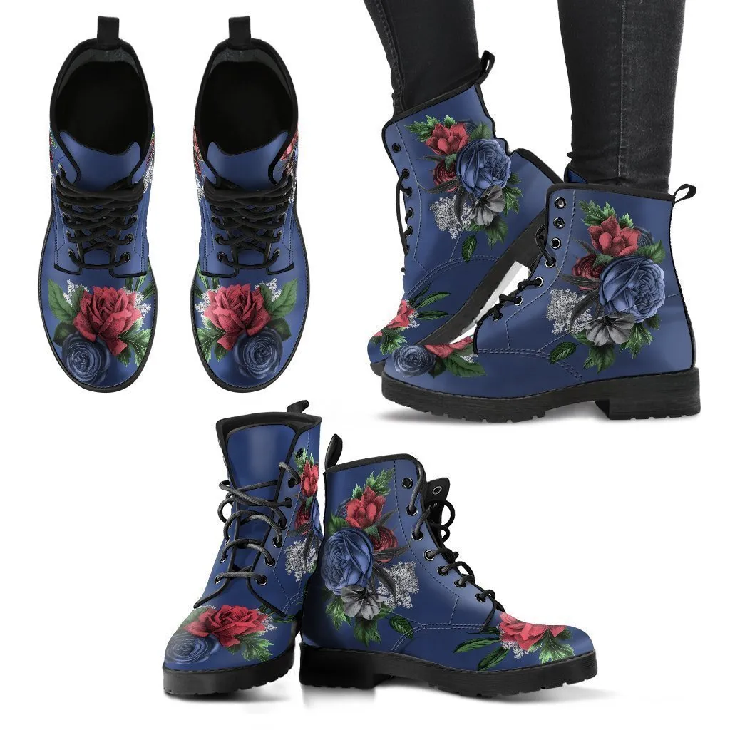 Combat Boots - Vintage Flowers in Dark Blue | Custom Shoes, Vegan Leather Lace Up Boots Women, Handmade Lace Up Boots, Women's Boots