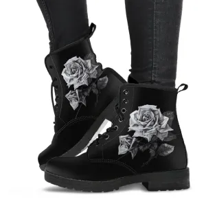 Combat Boots - Vintage Roses in Black & White | Women's Black Hipster Boots, Vegan Leather Boots