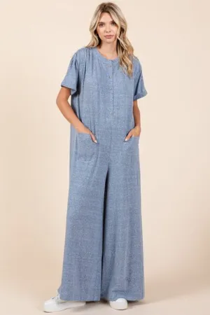 Dusty Blue Button Detail Short Sleeve Wide Leg Jumpsuit