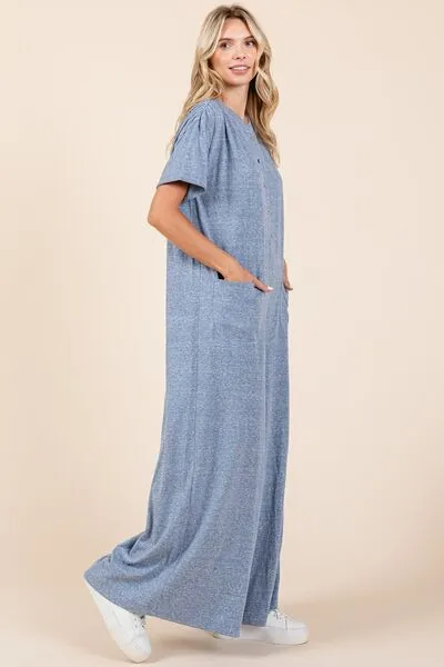 Dusty Blue Button Detail Short Sleeve Wide Leg Jumpsuit