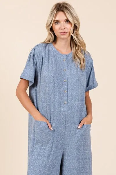 Dusty Blue Button Detail Short Sleeve Wide Leg Jumpsuit
